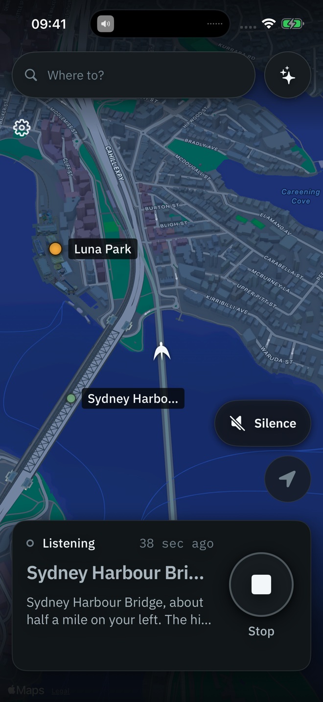 The Guideling map in Sydney between stories. The card keeps the last story, Sydney Harbour Bridge, and shows how long ago it played.